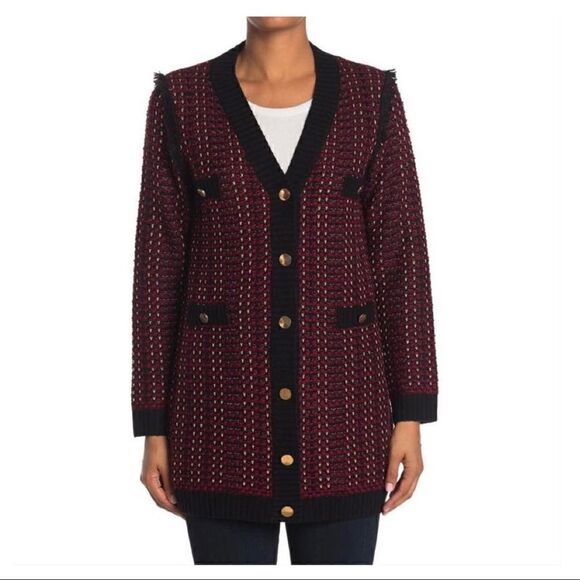 Love Token Red/Black Parisian Tweed Buttoned Front Cardigan - Picture 1 of 11